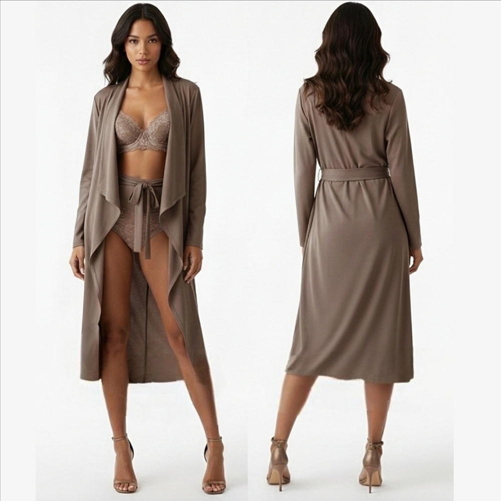 Vintage Y2K Suedette Super Soft Long Waterfall Cardigan Tie Waist Versatile Robe